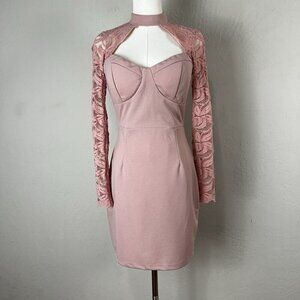 Hello Molly Dusty Pink Long Lace Sleeve Cut-Out Sweetheart Mini Dress AU 10 US 6